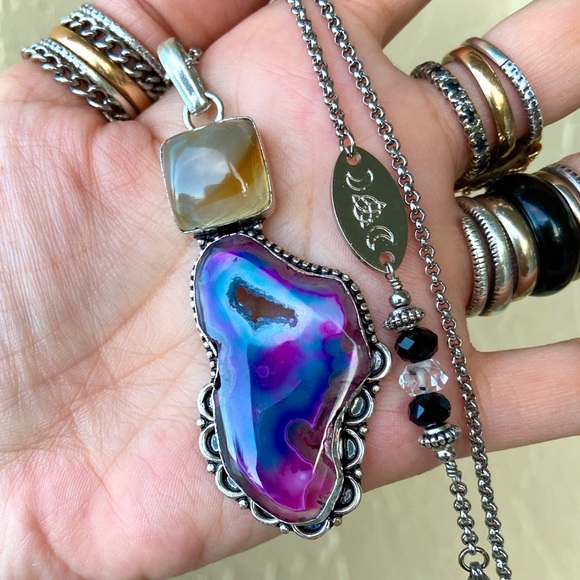 925 Sterling silver purple pink agate necklace - Picture 4 of 9